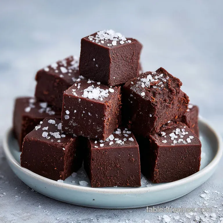 Neatly sliced dark chocolate squares on a marble slab, garnished with a sprinkle of sea salt and fresh mint leaves.