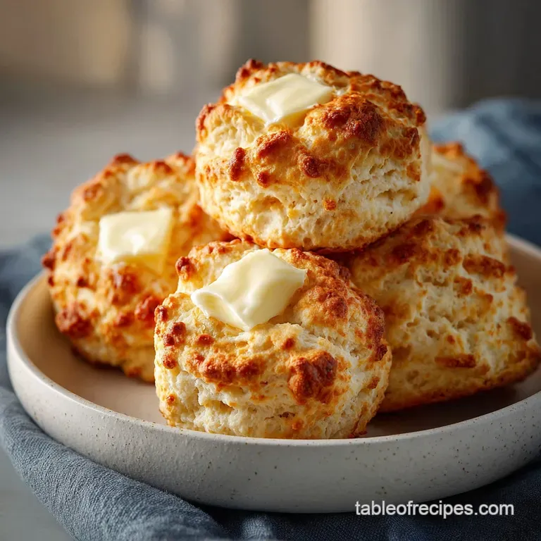 Three tall, golden-brown biscuits stacked on a white ceramic plate with a shimmering pat of melting butter.