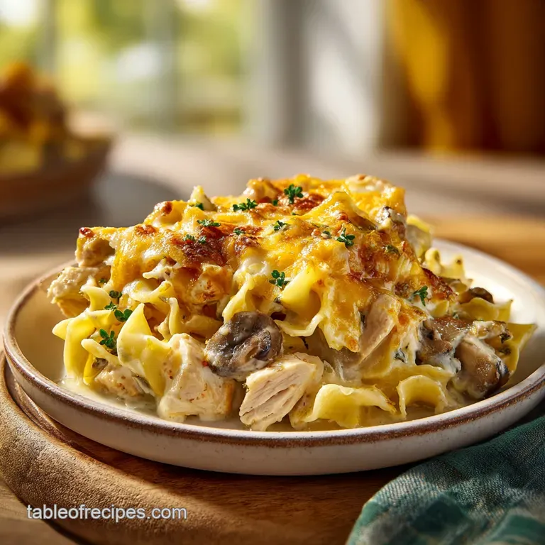 A hearty scoop of creamy pasta and tender chicken served on a white plate, garnished with fresh chopped parsley.