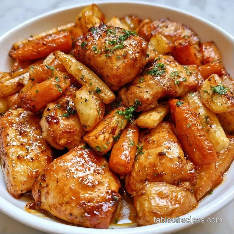 Seared chicken breast atop vibrant glazed carrots and tender roasted potatoes, garnished with a sprig of rosemary.
