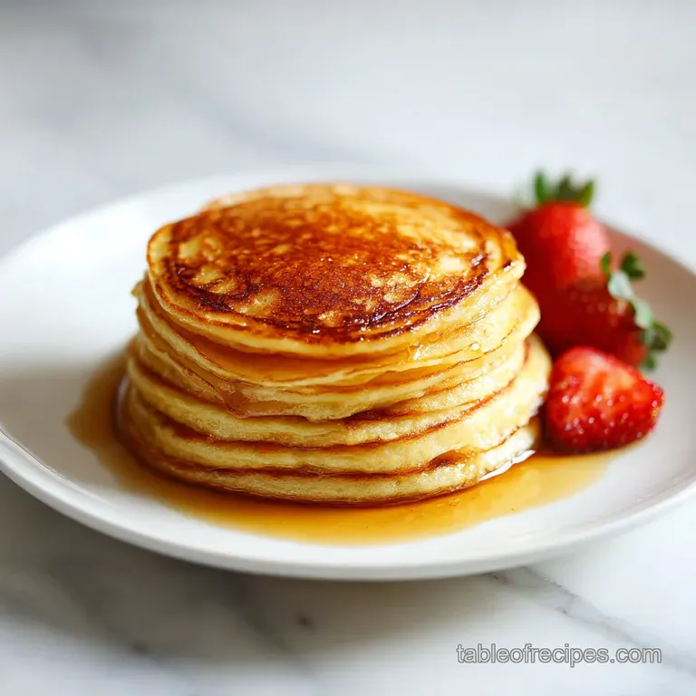 Neatly stacked fluffy pancakes, glistening with syrup and topped with fresh blueberries and a dollop of whipped cream.