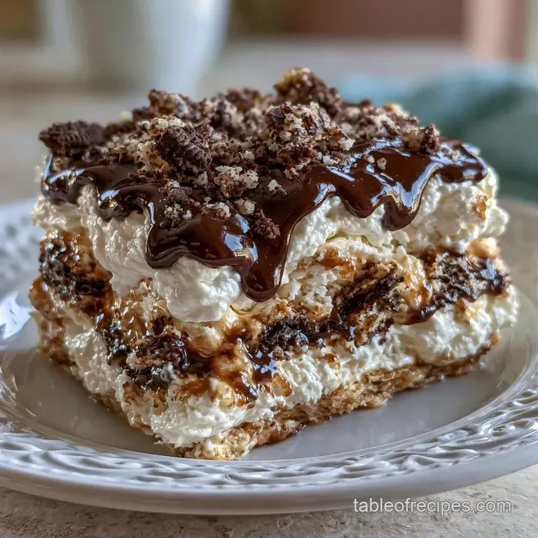 A chilled slice of layered cream cake on a white plate, topped with glossy fudge and a sprinkle of cocoa powder.