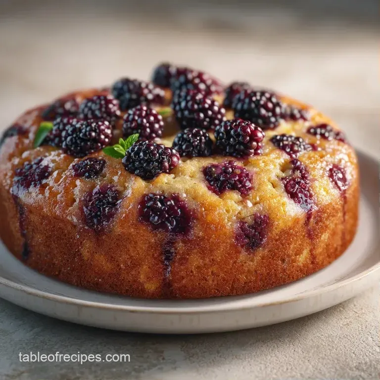 A slice of moist lemon cake topped with juicy blackberries on a white plate, garnished with a fresh mint sprig