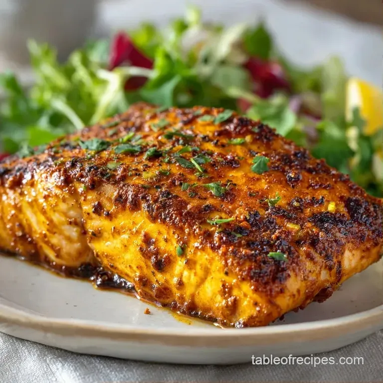 Two pan-seared fillets with deep red seasoning on white ceramic plates, topped with fresh cilantro and lemon slices.