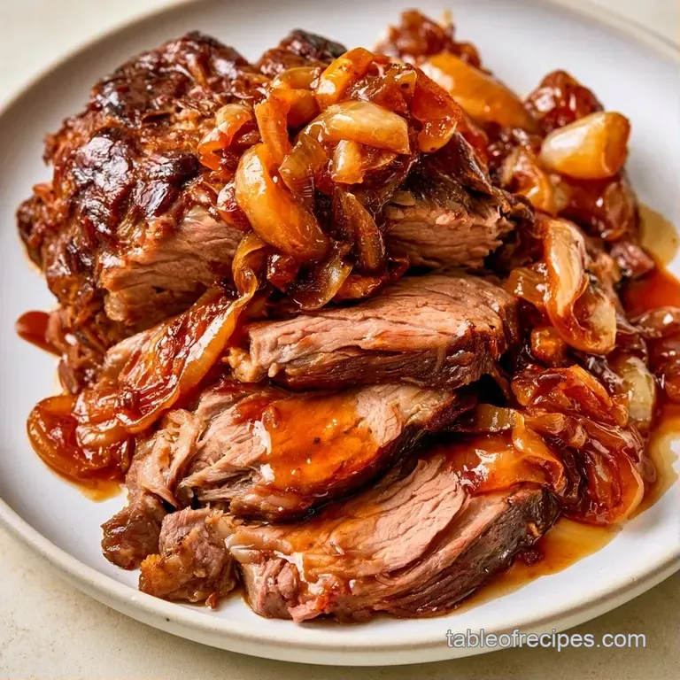 Thick slices of juicy, browned meat paired with honey-glazed carrots and parsnips on a white ceramic platter.