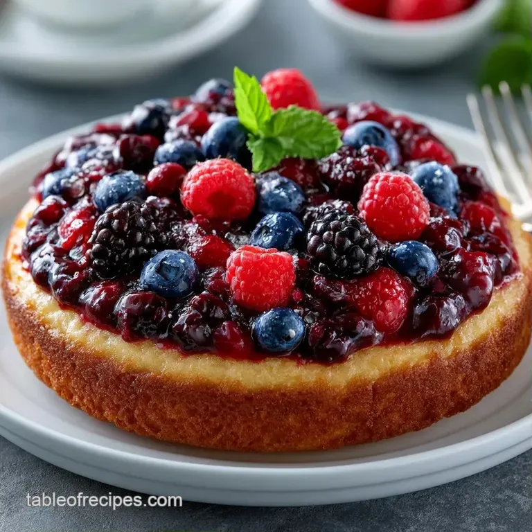 A scoop of warm berry dessert with a golden crust, topped with melting vanilla ice cream on a white ceramic plate.