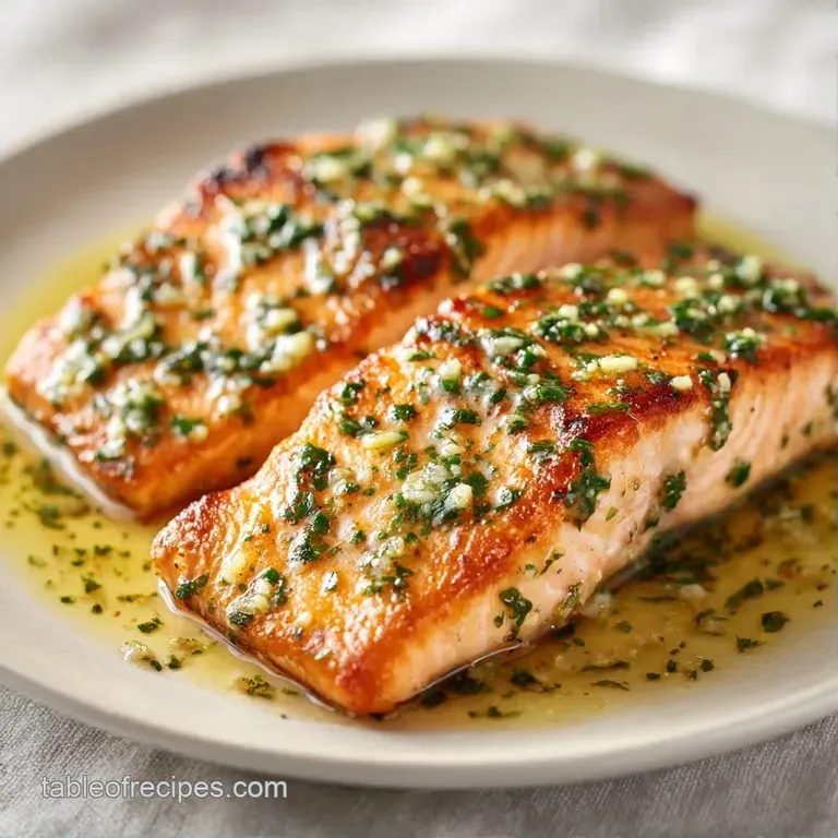 Seared salmon on a white ceramic plate with a buttery glaze, bright lemon slices, and steamed asparagus spears.