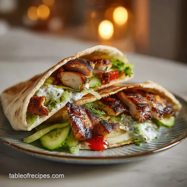 Warm pita pockets filled with spiced grilled chicken, crisp cucumbers, and a drizzle of creamy white garlic sauce.