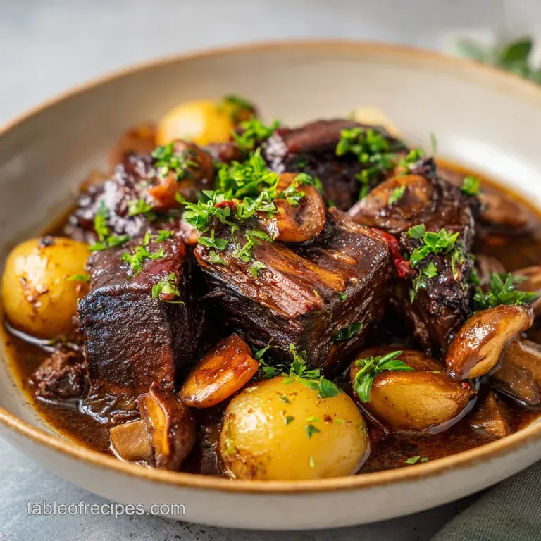Tender, fall-off-the-bone short ribs artfully arranged on a creamy parsnip puree, garnished with fresh herbs.
