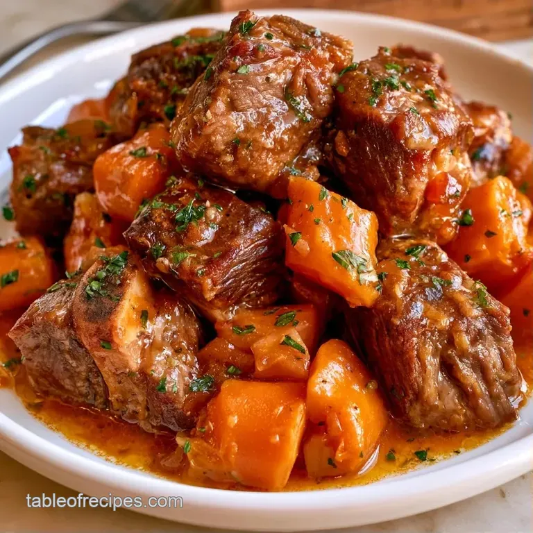 Elegant plate featuring succulent braised meat, glossy sauce, and a sprig of fresh thyme on a white stoneware dish.