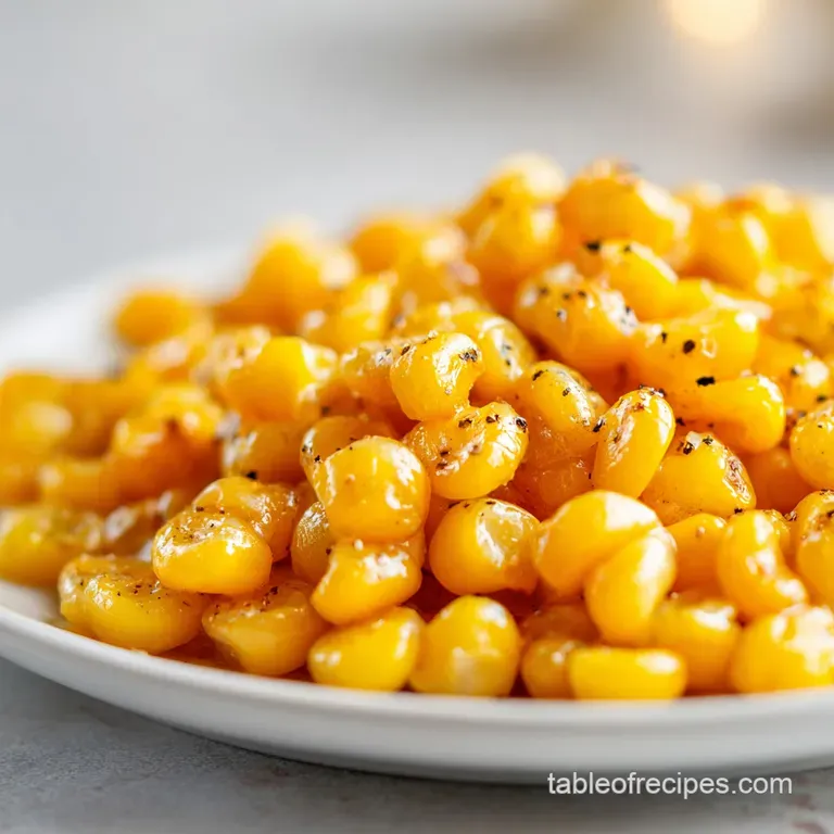 Bright yellow corn in a white ceramic bowl with a melting pat of golden butter and a fresh herb garnish.