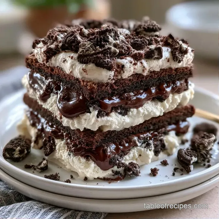 A precise slice of layered cream cake on a white plate, garnished with a glossy chocolate drizzle and fresh mint.