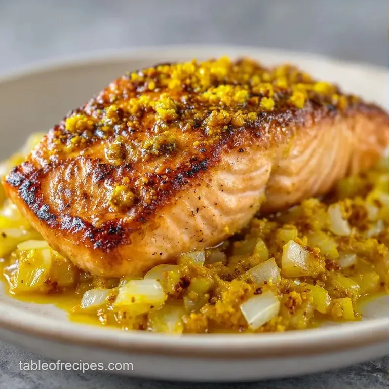 A vibrant yellow curry salmon fillet on a white ceramic plate, garnished with fresh green cilantro and lemon wedges.
