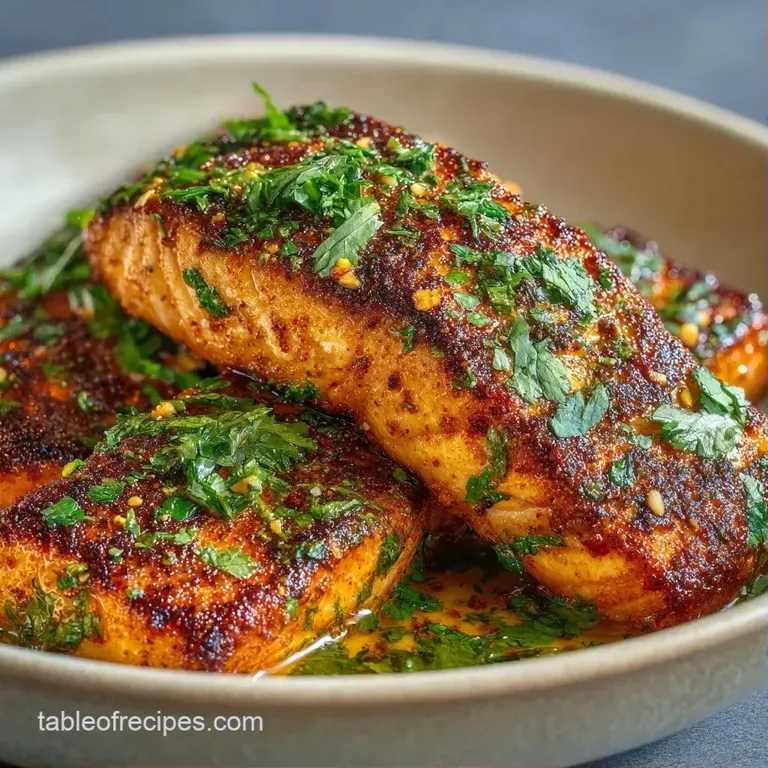 A seared salmon fillet resting on a vibrant green pea puree with a drizzle of lemon oil and a fresh cilantro sprig.