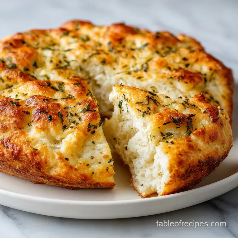 Golden cloud bread rounds artfully arranged on a white plate, dusted with herbs and glistening oil.