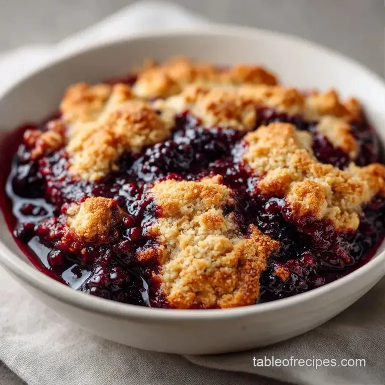 A scoop of vanilla bean ice cream melting over a warm slice of purple berry cobbler on a white ceramic plate.
