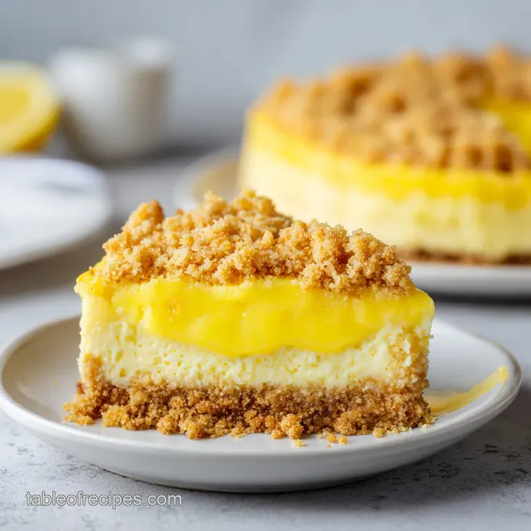 A square slice of yellow cake with a creamy white center on a white plate, topped with a fresh lemon slice.
