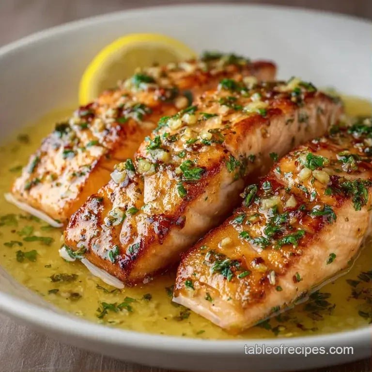 Flaky pink salmon fillet centered on a white ceramic plate with fresh lemon wheels and a sprig of green parsley.