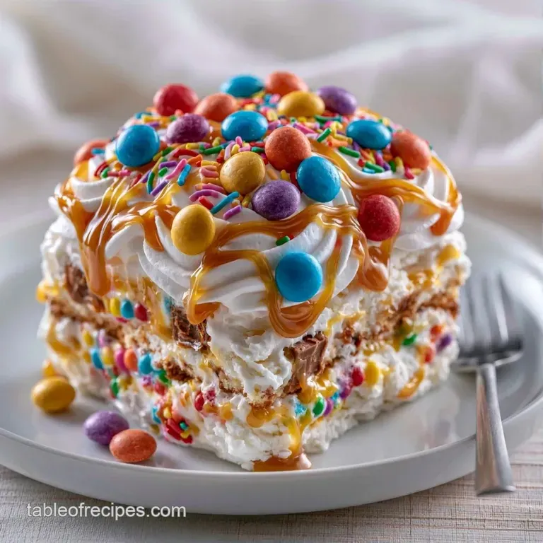 A slice of frozen layered cake on a white ceramic plate, topped with rainbow candies and colorful sprinkles.