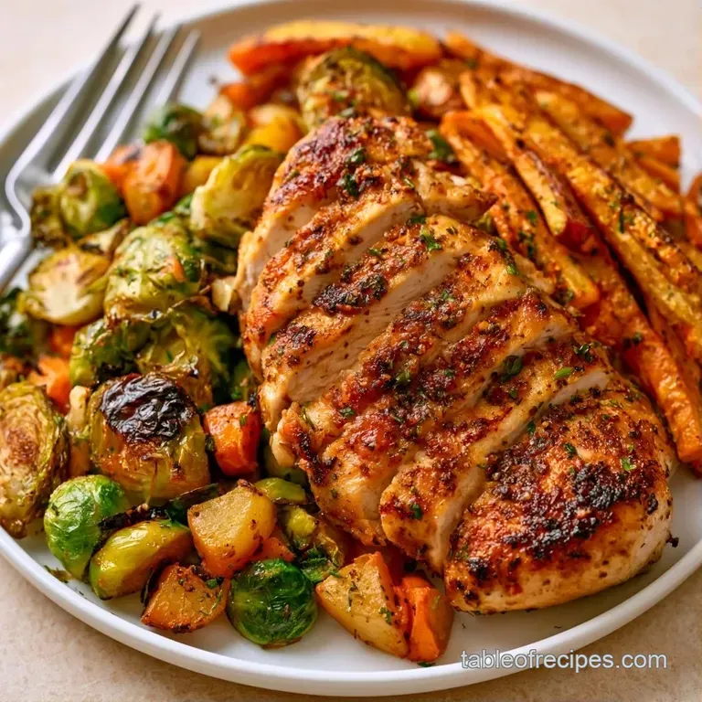 Glazed chicken thighs resting on charred root vegetables, garnished with fresh thyme on a matte ceramic plate.