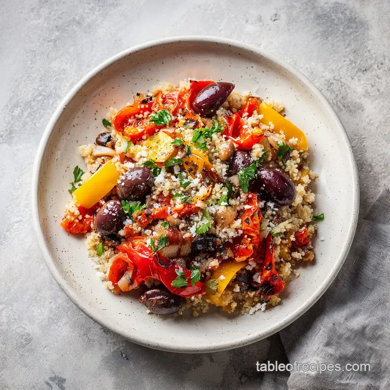Artfully arranged grain bowl featuring colorful chickpeas, Kalamata olives, and a lemon-herb dressing.