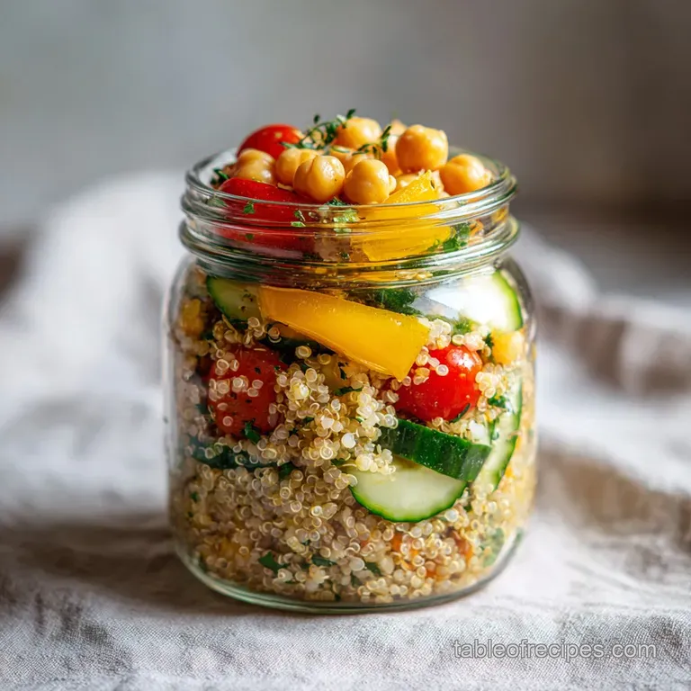 A perfectly layered mason jar salad, showcasing bright greens, red tomatoes, and creamy white cheese.