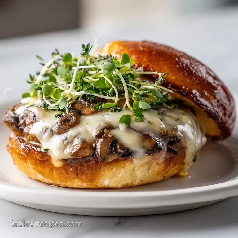A gourmet mushroom Swiss burger, perfectly assembled, with a side of golden fries on a white plate.