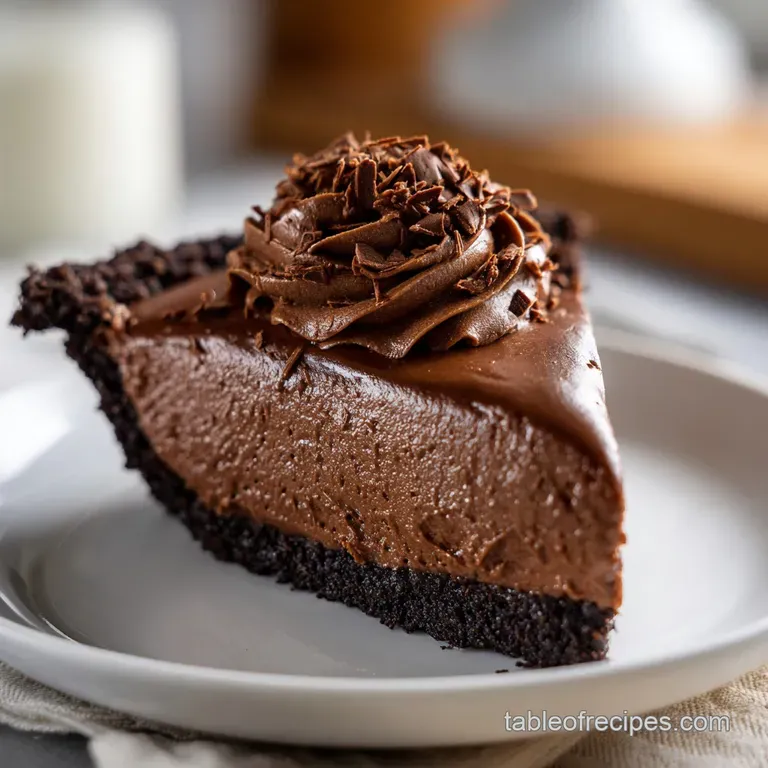 A perfect slice of glossy chocolate pie on a white plate, adorned with a swirl of whipped cream.