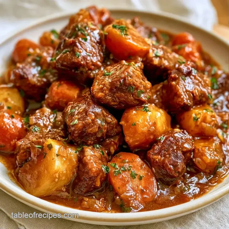 A deep ceramic bowl of thick stew topped with fresh parsley, served alongside a crusty slice of buttered sourdough.