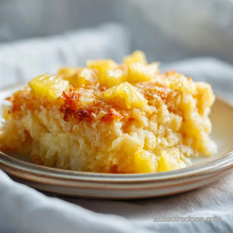 A scoop of creamy pineapple casserole with a crunchy crumb topping, served elegantly on a white plate.