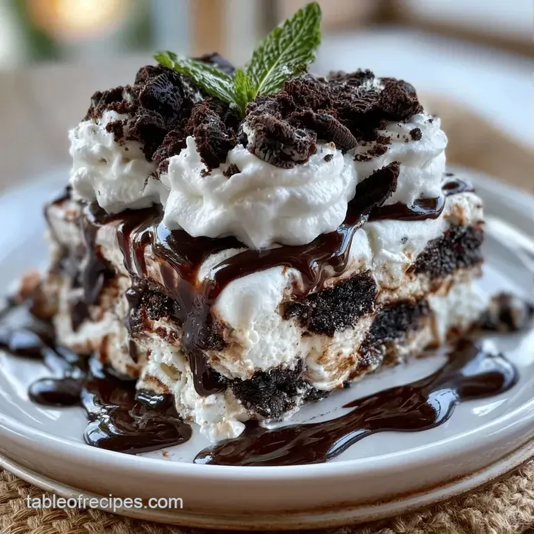 A precise slice of layered cocoa and cream cake on a porcelain plate, topped with a dusting of dark cookie crumbs.