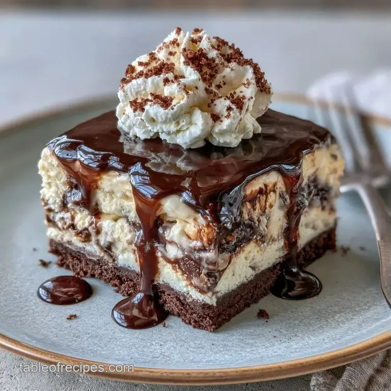 Elegant slice of frozen layered cake with stark black and white stripes, topped with a mini cookie and chocolate drizzle.