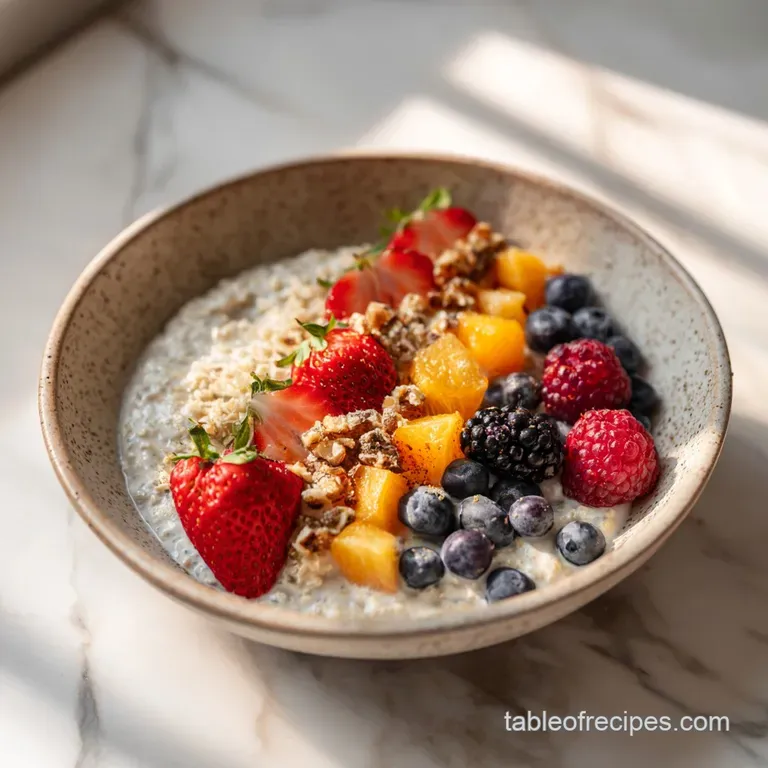 A single serving of oats elegantly presented in a glass jar, topped with fresh fruit and a sprig of mint.
