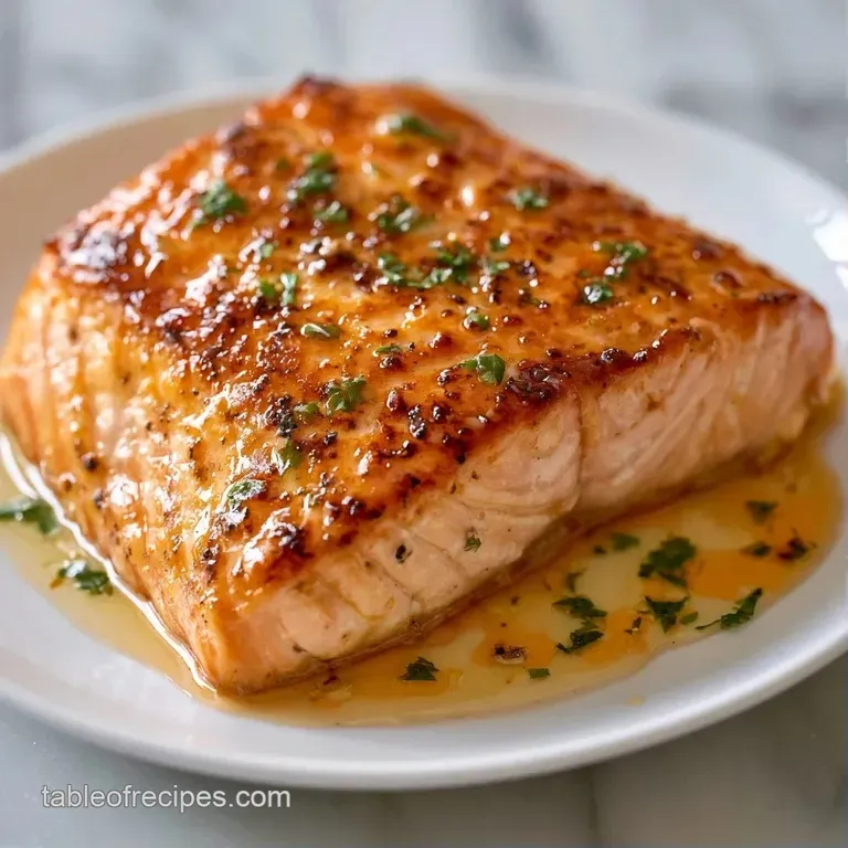 Seared pink fish fillet on a white plate, drizzled with glossy butter sauce and garnished with fresh microgreens.