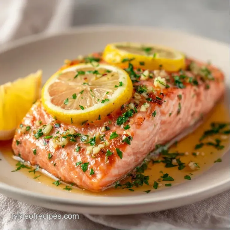Flaky pink fish fillet topped with bright lemon wheels and sprigs of dill on a minimalist white porcelain platter.