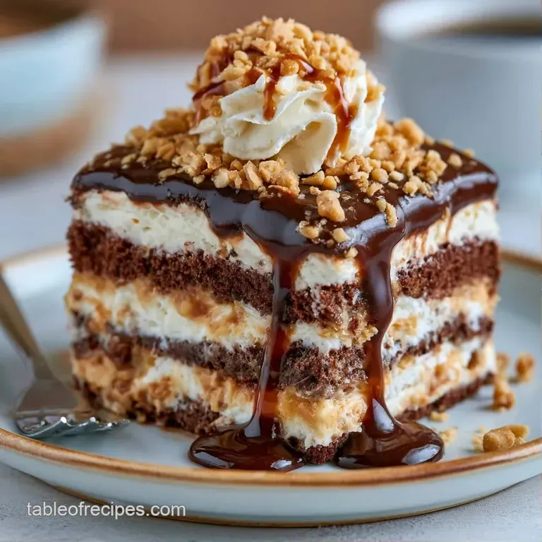A slice of layered frozen cake on a white ceramic plate with a glossy chocolate drizzle and a fresh mint leaf.