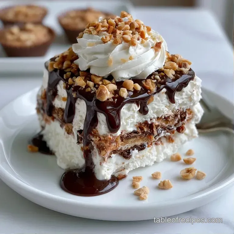 A slice of frozen peanut-colored cake with smooth cream layers, topped with a drizzle of caramel and chopped nuts.