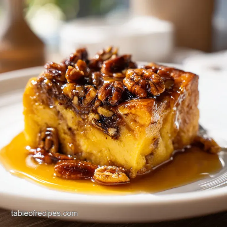 A square slice of warm custard bread pudding on a white ceramic plate with amber caramel and a sprig of mint.