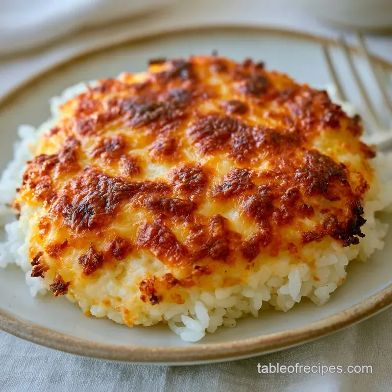 A neat square scoop of cheesy, golden-brown rice served on a white ceramic plate and garnished with fresh green parsley.
