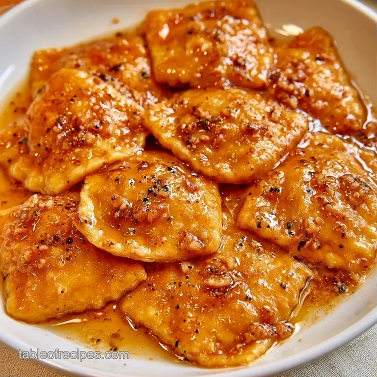 Golden pasta squares arranged on a white ceramic plate, drizzled with amber sauce and fresh herb garnishes.