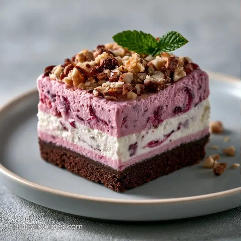 Chilled slice of layered cream cake on a white plate, drizzled with chocolate sauce and topped with a fresh raspberry.