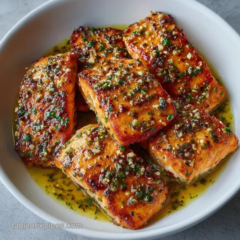 A seared salmon fillet centered on a white plate with a glossy butter sauce and a sprig of fresh green parsley