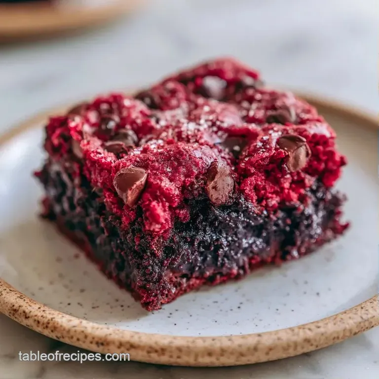 Symmetrically sliced red and brown dessert squares stacked on a marble slab with a light dusting of sugar.