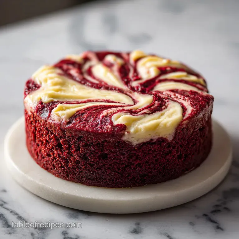 Elegant slice of deep red and white marbled cake on a slate platter with a swirl of cream and a fresh berry.