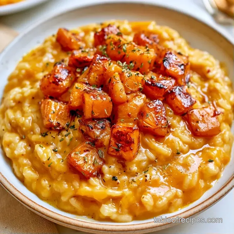 Vibrant orange creamy rice swirled on a white plate, garnished with crisp sage and a drizzle of golden olive oil.