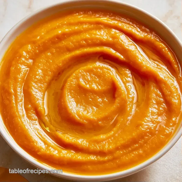 Velvety orange soup in a white porcelain bowl, drizzled with coconut milk and garnished with toasted apple cubes.