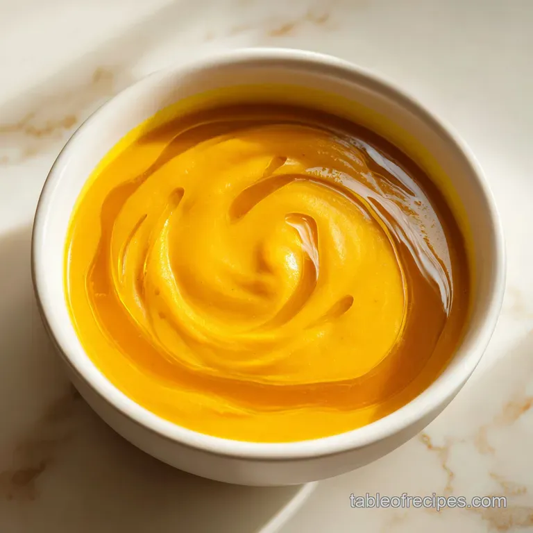 Vibrant orange puree in a white bowl with toasted pumpkin seeds, a drizzle of cream, and a sprig of fresh thyme.