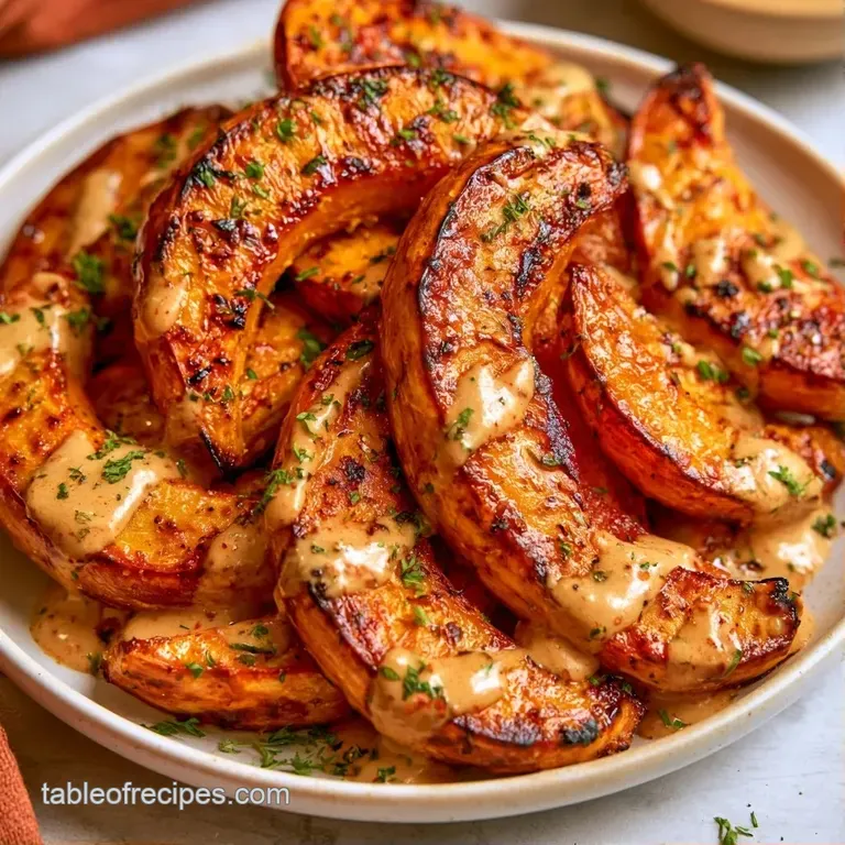 Vibrant orange squash cubes arranged on a white ceramic plate with a drizzle of honey and a sprinkle of fresh parsley.