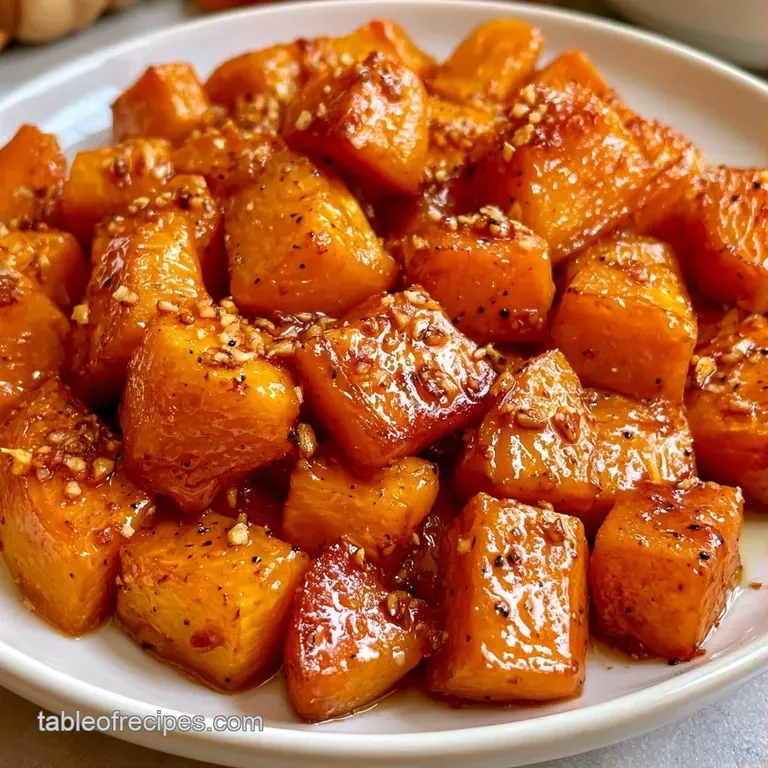 Neatly arranged slices of orange pumpkin with a swirl of cream, toasted seeds, and a fresh sprig of thyme.