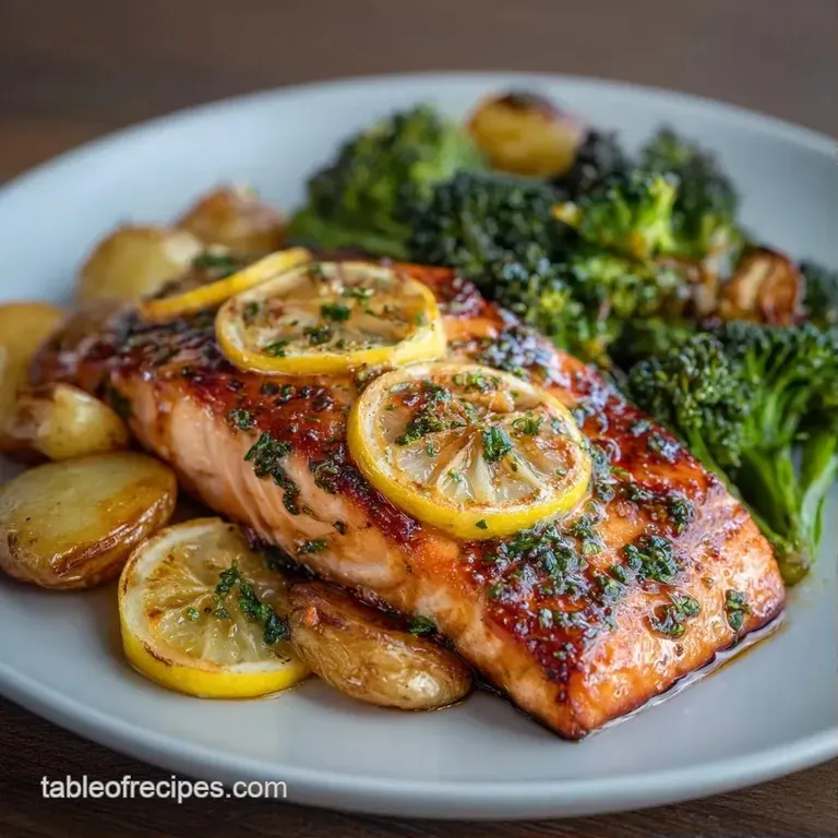 Flaky pink salmon fillet paired with tender roasted vegetables and a fresh lemon wedge on a modern white plate.